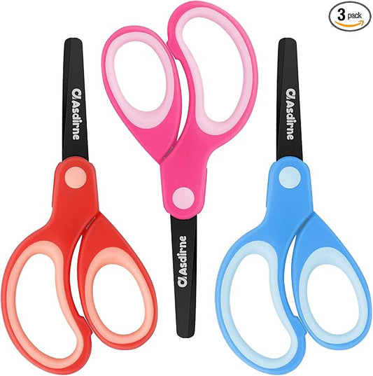 Asdirne Left Handed Kids Scissors, Safety Children Scissors with Blunt Tip Stainless Steel Blades and Soft Grip, Great for Home and School, Assorted Color, 13.5cm, 3 Pack