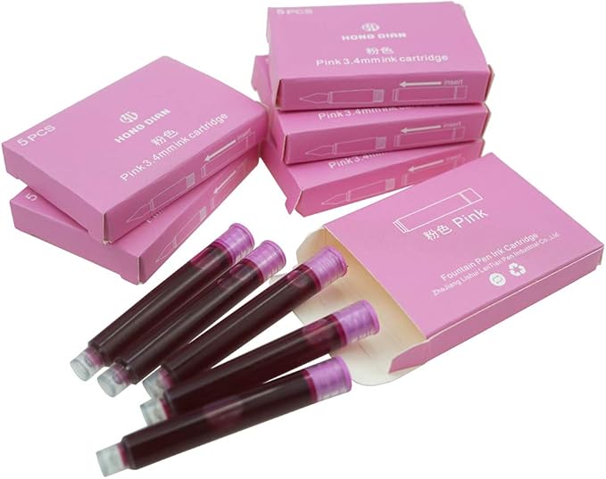 Asvine Hongdian Fountain Pen Pink Ink Cartridges, Set of 30 Refill Ink Cartridges, 3.4 mm Bore Diameter