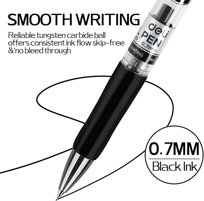 deli Gel Pens, 50 Pcs Retractable Pens Black Ink, 20 Pens with 30 Refills | Medium Point Pen Bulk 0.7mm, Smooth Writing, Fast Dry, No Bleed for Journaling Note Taking, Home School Office Supplies