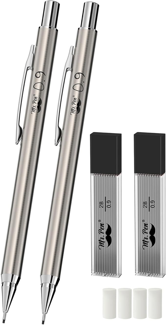 Mr. Pen- Metal Mechanical Pencil Set with Lead Refills & Erasers, 2 Pack, 0.9mm, 4x Tubes 2B Lead Refill, 4x Eraser Refills for School Supplies, Note Taking, Drawing, Sketching, Office