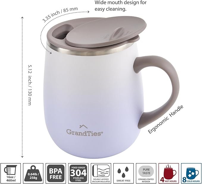 GRANDTIES 16oz Ceramic-Lined Insulated Coffee Mug with Sliding Lid, Wine-Glass Shape Thermal Tumbler with Double Walled Vacuum to Keeps Beverages Hot or Cold (Soft Lavender)