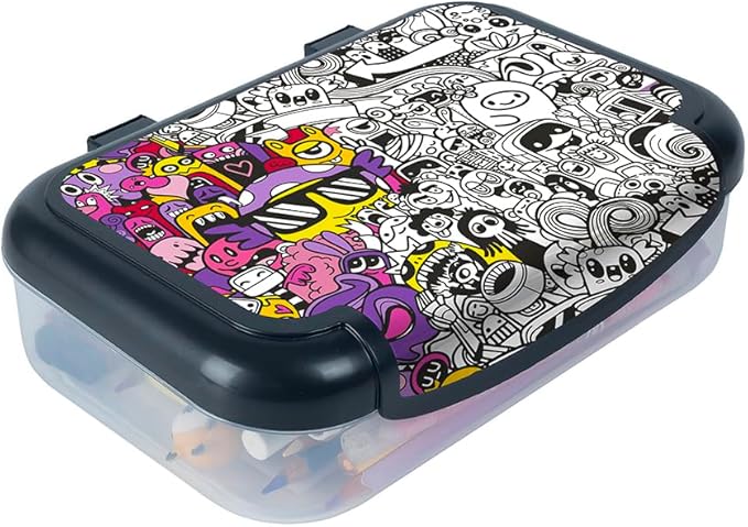 ZIPIT Recycled Plastic Pencil Box for Girls, Large Capacity Pencil Case for School, Durable Stationery Organizer Box, Doodles