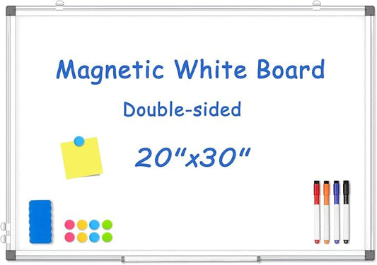Double-Sided White Board Dry Erase, 20" x 30" Dry Erase Board for Wall with Silver Aluminium Frame, Magnetic Whiteboard for Office, Home, School, Kitchen