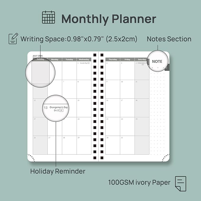 POPRUN 2026-2027 Academic Small Weekly Planner, 4" x 6.25" Pocket Calendar for purse, Horizontal Daily Calendar from July 2026 to June 2027, Softcover Appionment Book with Monthly Tabs, Spiral Bound, Inner-Pocket - Aquamarine