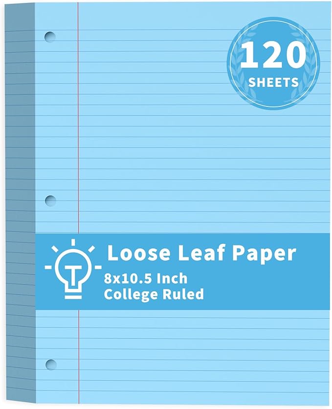 Blue Loose Leaf Paper 120 Sheets Colored Filler Pape 8" x 10.5" College Ruled Paper 3-Hole Punched Paper for 3-Ring Binders Notebook Lined 8 * 10.5 Binder Paper Blue Paper for School Office Supplies