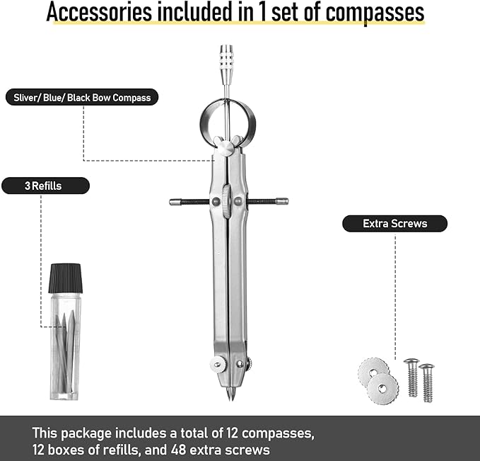 Zonon 30 Pcs Compass for Geometry Drawing Metal Compass with Extra Refills and Screws Circle Maker Back to School Circle Drawing Tool for Math Drafting Measuring Woodworking Office, 3 Colors