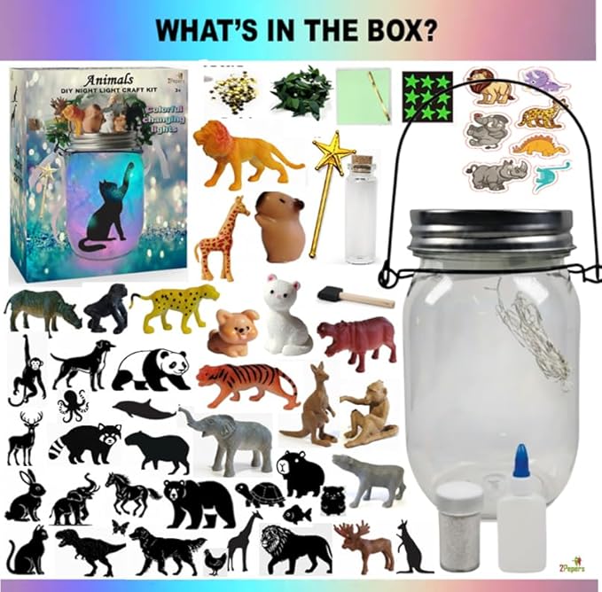 2Pepers DIY Zoo Animal Toy Night Light Art and Craft Kit for Kids Ages 3-12 Years, Animal Gift for Boys & Girls Birthday Present, Safari STEM Project Set, Jungle Sensory Bin Bedroom Decor Activity