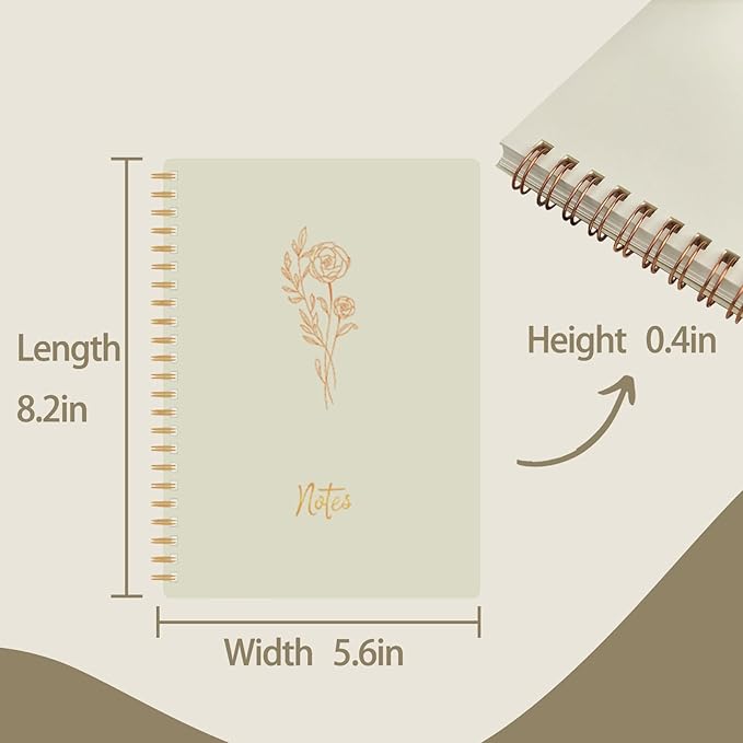 Prelady Spiral Notebooks for Women, 2 Pack College Ruled Wirebound Notebooks with Gold Floral Design, Aesthetic Journaling Notebooks for Writing, School, Work, Office Supplies (Beige/Sage)