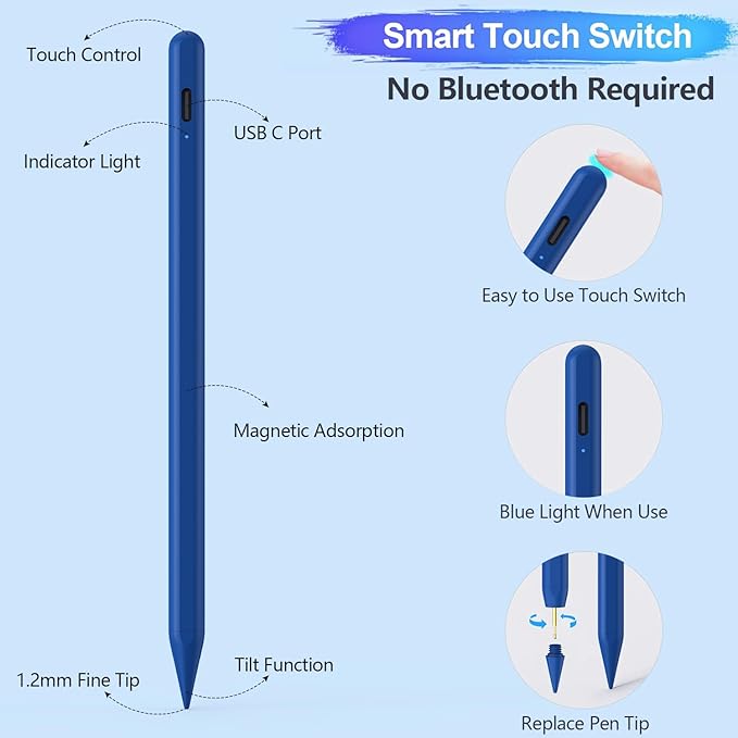 Stylus Pen for iPad A16/10th/9th Generation, 10Mins Fast Charge for Apple Pencil&iPad Pen, Compatible with iPad A16/10th/9th/8th/7th/6/Pro 13'' 11'' M4/12.9 inch/Air 11'' 13'' M3/M2/Mini 7/6/5, Blue