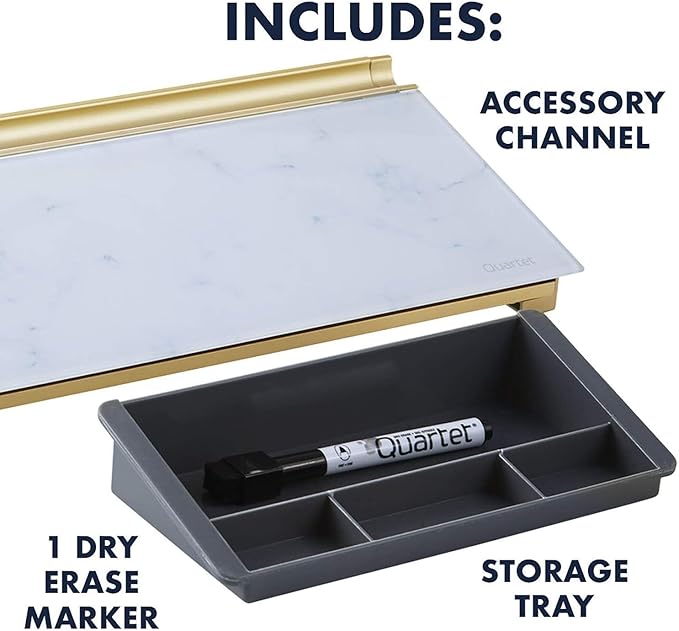 Quartet Glass Dry Erase White Board 18"W x 6"H, Compact Desktop Whiteboard with Storage Drawer, Marble (GDP186M)