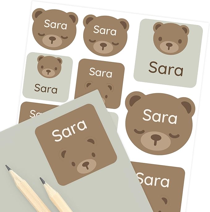 Camp Name Labels for Kids (33) – Personalized Stickers & Daycare Labels – Waterproof for Water Bottles, Lunch Boxes & School - Bear