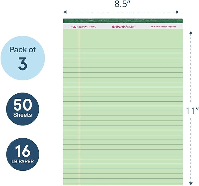 Roaring Spring Enviroshades Green Legal Pads, 3 Pack, Legal Ruled Recycled Colored Writing Note Pads, 8.5" x 11", 50 Sheets, Perforated Paper, Made in USA, Memo Pad For School & Office