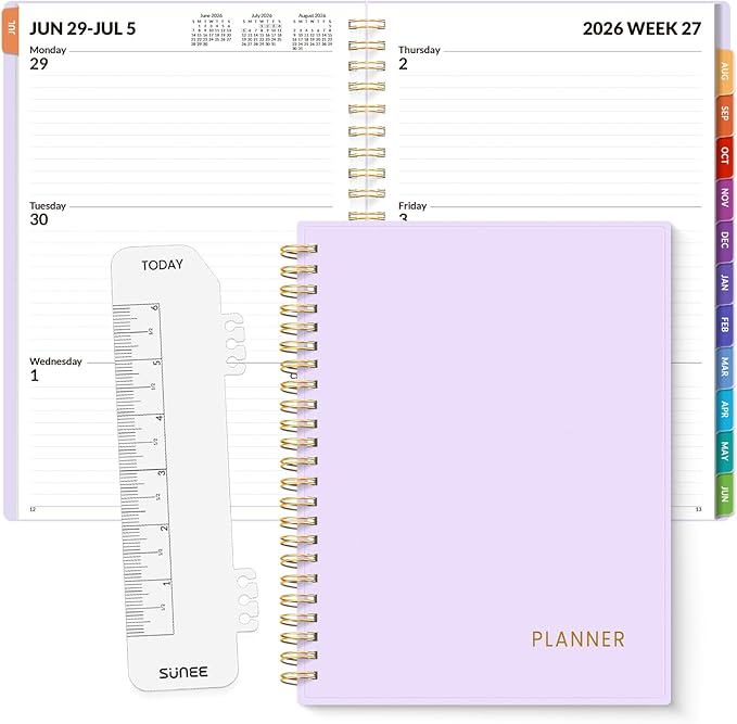 SUNEE Academic Planner 2026-2027 – Weekly & Monthly Planner, July 2026 to June 2027, 6.4"x8.3", Thick Paper, Tabs, Pockets, Bookmark, Spiral-Bound, Student Teacher Organizer, Purple