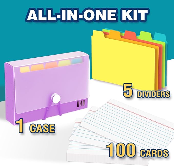 H4D 3x5 Index Card Case with 100 Heavyweight Ruled Index Cards and Dividers, Purple