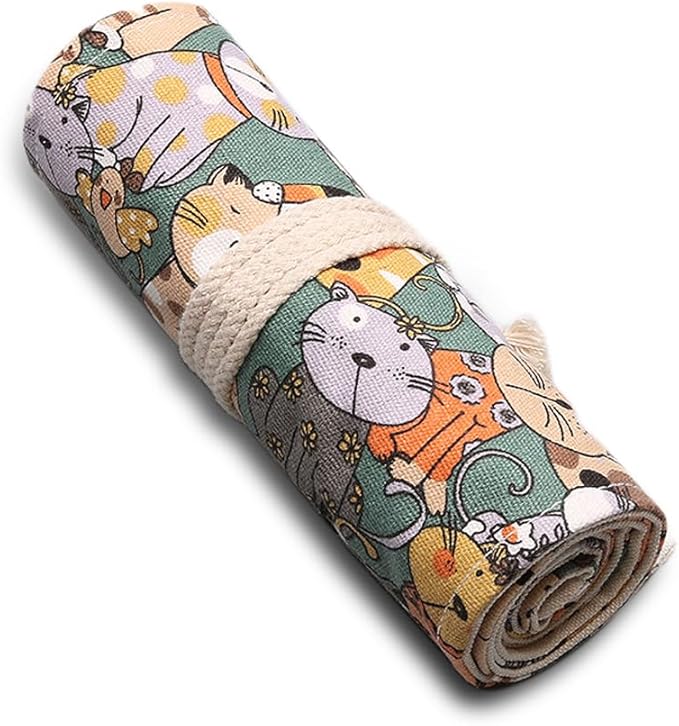 DIYOMR 24/36/72 Slots Pencil Wrap Pencil Rolls, Artist Colored Pencils Roll Up Bag Short Brushes Pouch Case Pencils Organizer for Drawing Coloring and Sketching, NO PENCILS (Cuddly Cat, 72slots)