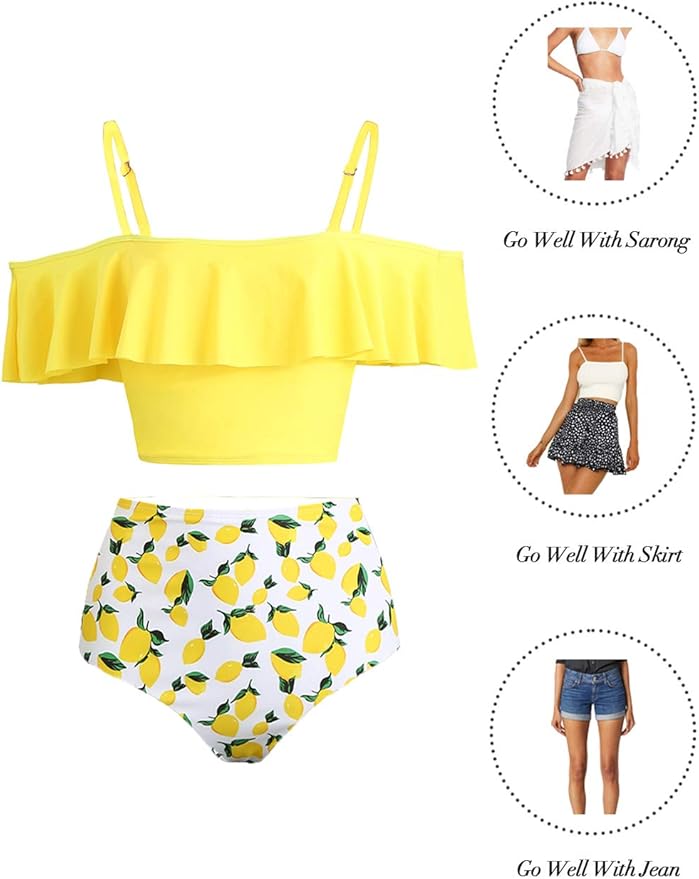 Kaei&Shi High Waisted Flounce Bikini Set,Tummy Control Swimsuits for Women,Off Shoulder