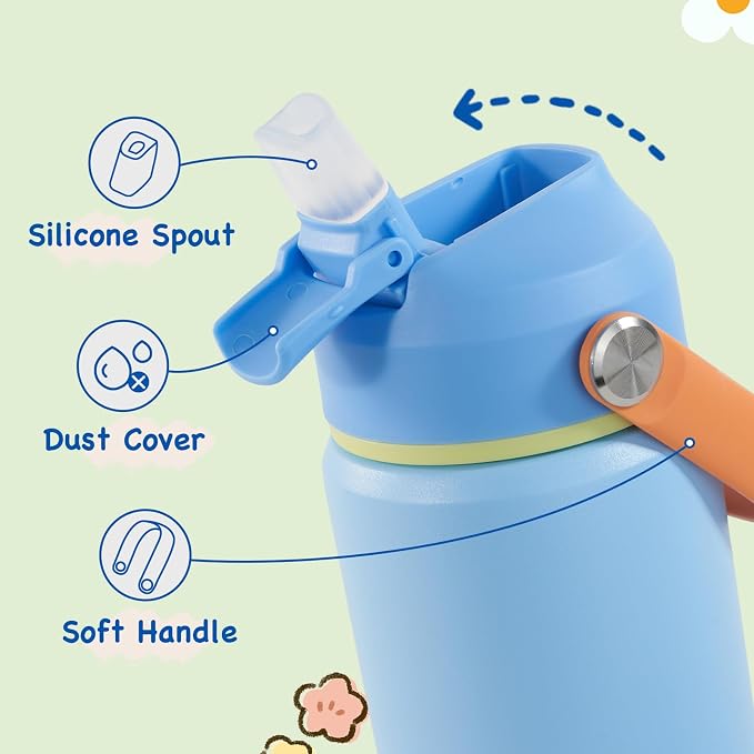 Kerilyn 12oz Kids Water Bottle, Stainless Steel Insulated Water Bottle for Kids, Toddler Cup with Straws Leak-Proof, Kids Water Bottles for School Boys Girls, BPA Free, Sky