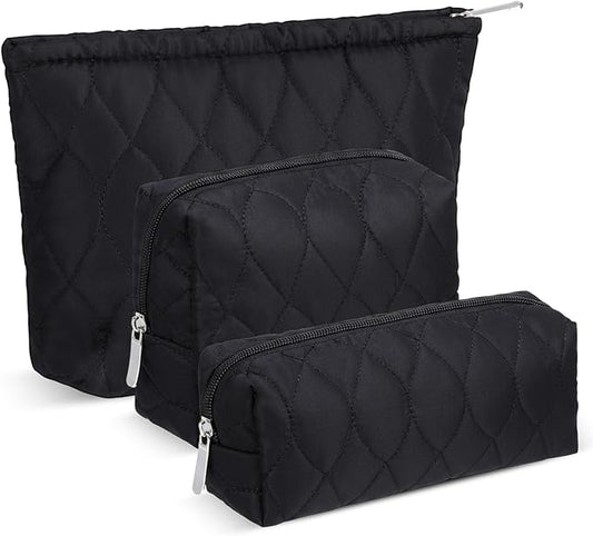 Huhumy 3 Pcs Puffy Makeup Bag Quilted Cosmetic Pouch for Women Cute Waterdrop Travel Toiletry Bag Puffer Makeup Organizer Purse Pouch Preppy Pencil Case with Zipper(Black)