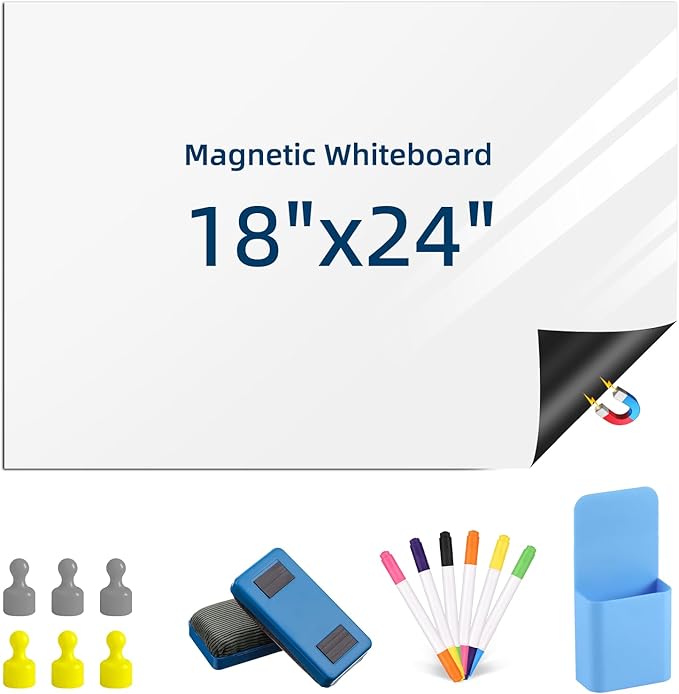 Magnetic Dry Erase Whiteboard for Refrigerators, 18" x 24" White Board on Wall for Organizer and Planner, Kitchen Fridge Shopping List with Marker, Magnetic Eraser and Magnets