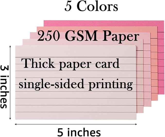 100 Sheets 3x5 Colored Ruled Note Cards Index Cards, 250 GSM Heavy Flashcards, 5 Pink