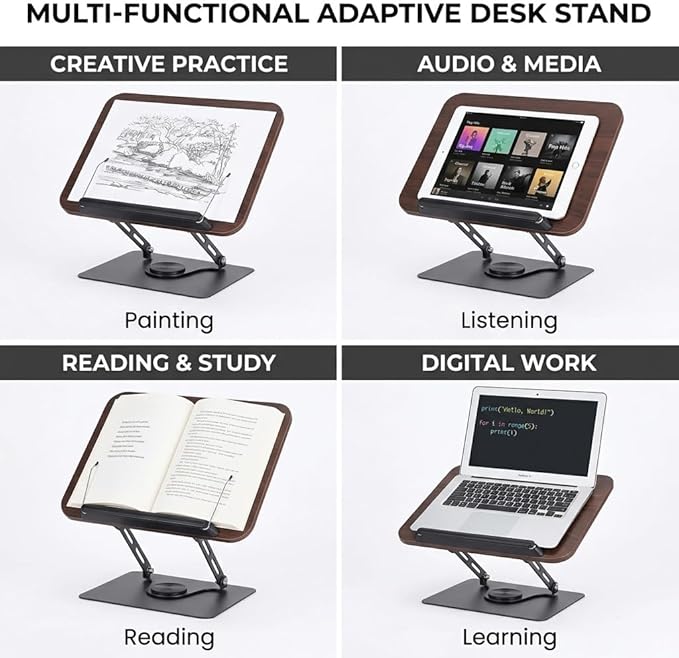 Premium Adjustable Bookstand for Desk - 360° Swivel Wooden Book Holder for Reading Hands Free, Heavy Duty Carbon Steel Textbook Stand, Portable Cookbook Holder for Kitchen Counter, Bible, Laptop