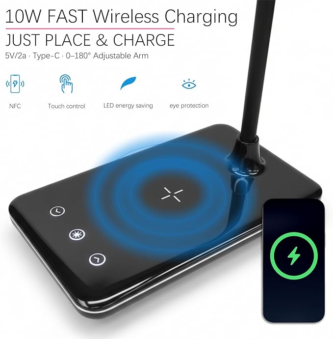 LED Desk Lamp with 10W Fast Wireless Charger, Touch Stepless Dimming Eye-Care Study Light with 3 Color Modes & Flexible Neck, Reading Lamp for Students, Bedroom & Home Office