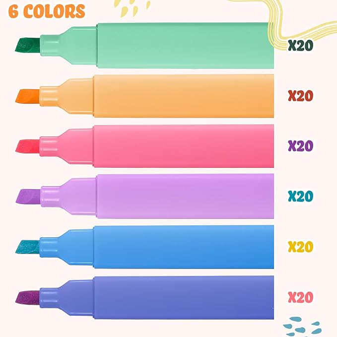 Marspark 120 Pcs Highlighters Bulk Chisel Tip Aesthetic 6 Assorted Colors No Bleed Cute Soft Bohemian Color Marker Pens for Journal Planner Notes School Study Office Supplies (Candy Color)