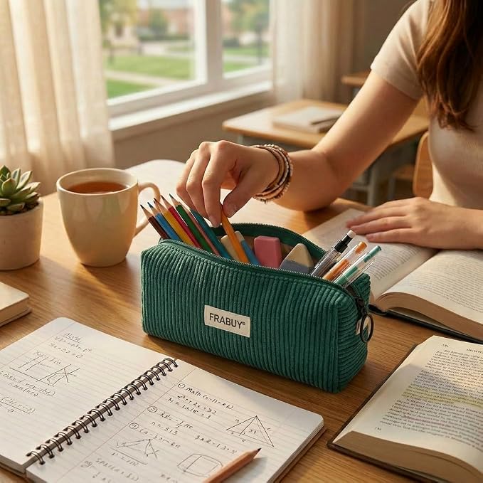 Soft Corduroy Pencil Case Pen Pouch Organizer, Small Stationery Bag | Cute dark green pencil pouch, smooth zipper, daily cosmetics holder, compact organizer for school teen girls, women