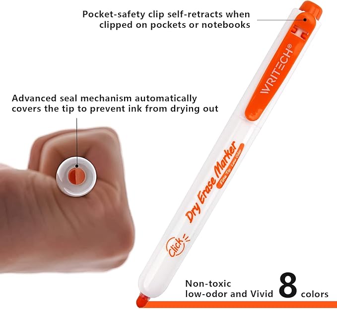 WRITECH Retractable Dry Erase Markers: Fine Tip Assorted Color Low Odor Multi Colored Set Refillable Clickable Multicolor Thin Point Whiteboard Marker Bulk 12ct No Bleed Smear