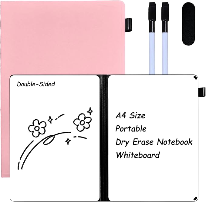 Portable White Board Dry Erase Notebook, Double Sided Folding Whiteboards with Pen and Erase, Small Dry Erase Board for Study, Meeting, Planning 12"x9" (A4), Anti-Ghosting (Pink)