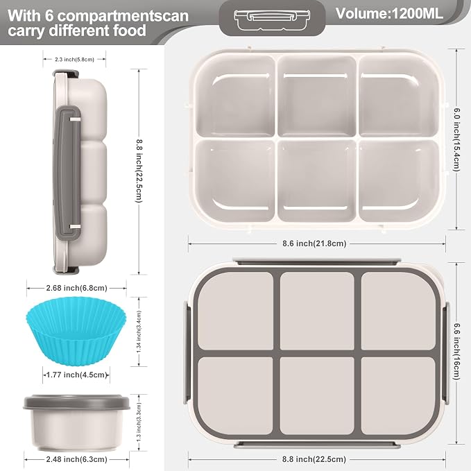 Amathley Lunch Box Kids Girls Boys,Bento Box Adult,Toddler Lunch Containers for School,Leakproof Snack Containers with 6 Compartments,Sauce Container,10 Food Picks and 4 Muffin Cups (White)