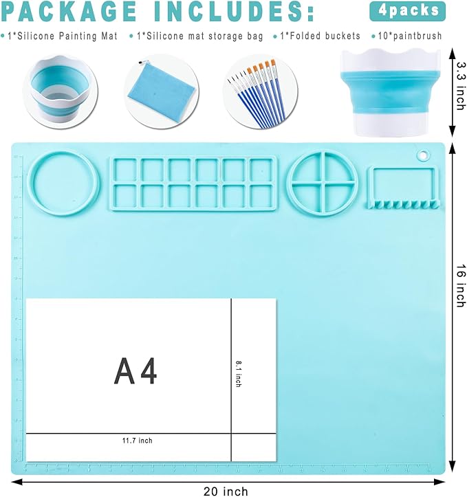 DIYDEC Silicone Craft Mat 20X16 Inch Large Silicone Art mat with Detachable Cup Painting Mat with 10 Painting Brushes Silicone Drawing Mat Sheets for Kids Adult DIY Accessories (Blue)
