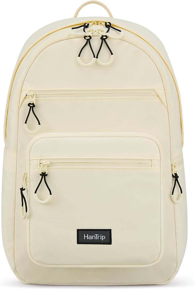 HanTrip 18 Inch Carry on Travel Backpack with Lots of Pockets, Offwhite | 15.6 Inch Laptop Sleeve, Luggage Strap, Water Bottle Pocket, 28 Liters, Lightweight, Water Resistant, 18x14x8 Medium Bookbag