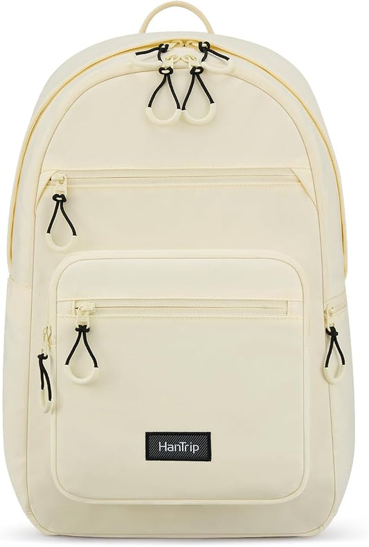 HanTrip 18 Inch Carry on Travel Backpack with Lots of Pockets, Offwhite | 15.6 Inch Laptop Sleeve, Luggage Strap, Water Bottle Pocket, 28 Liters, Lightweight, Water Resistant, 18x14x8 Medium Bookbag