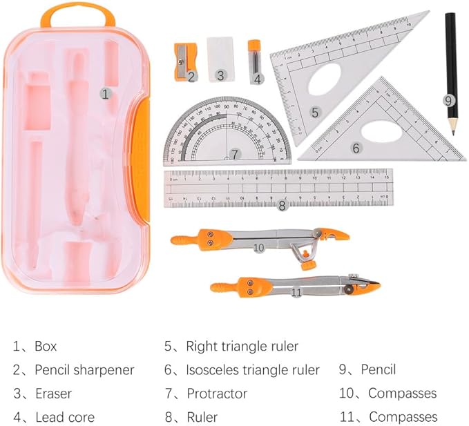 Uonlytech 1sets Student Geometry Math Set Metal Compass and Ruler Kit Eraser Sharpener and Storage Case for Drafting and Drawing for School and Office Use Random Color