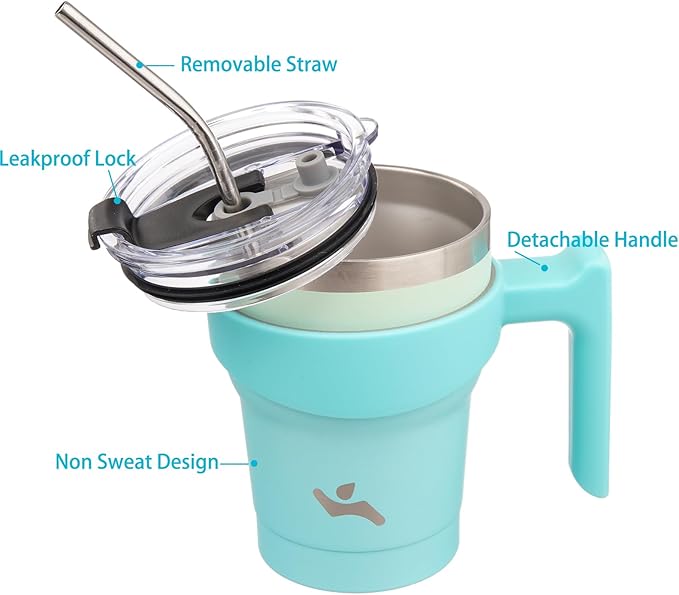 Konokyo 10 oz Tumbler with Handle and 2 Straw 2 Lid, Insulated Water Bottle Stainless Steel Vacuum Cup Reusable Travel Mug, Mint