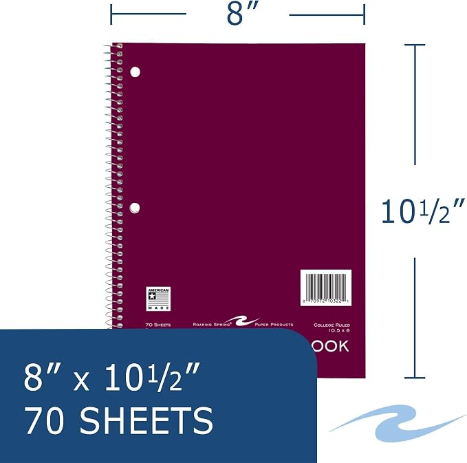 ROARING SPRING 1 Subject Spiral Notebook, College Rule, 70 Sheets, 4 Pack