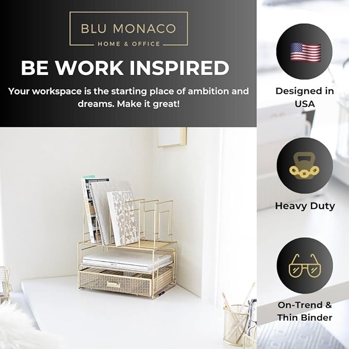 BLU MONACO | Gold Desk Organizer With Drawer | Metal Mesh File Holder & Vertical File Organizer | Desktop Storage for Office Supplies, Papers & Folders | 9.3" D x 13" W x 14" H