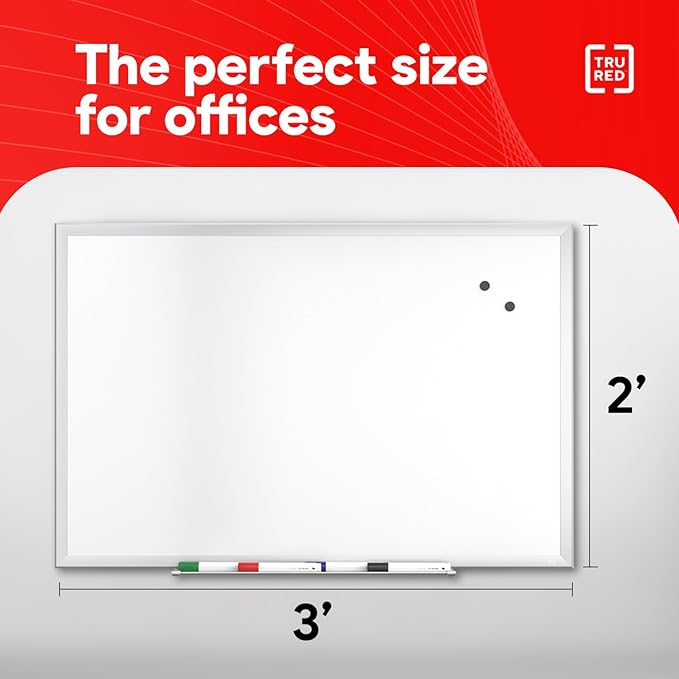 TRU RED Steel Magnetic Whiteboard | Dry Erase Board for Wall, White Board with Satin Frame, 3 ft x 2 ft, + 4 Multicolor Markers