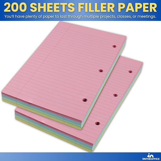 1InTheOffice 5.5 x 8.5 Paper, Pastel, College Ruled Mini Binder Paper, Loose Leaf Paper, Assorted Color, 200 Pack