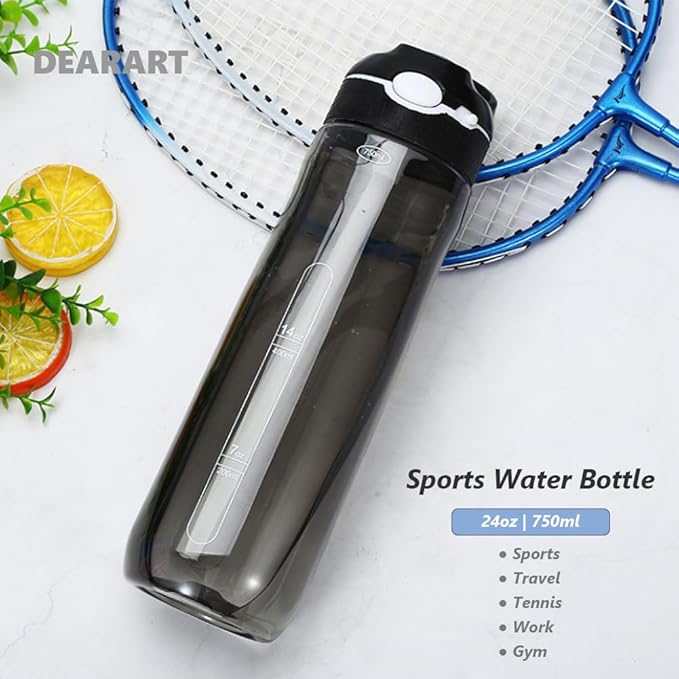 DEARART 24oz Water Bottles With Straw, Leakproof BPA FREE Hidden Nozzle, Flip Up Lid Clear Bottle With Handle Easy Clear, Suit Office Sports Travel Gym Yoga, Black
