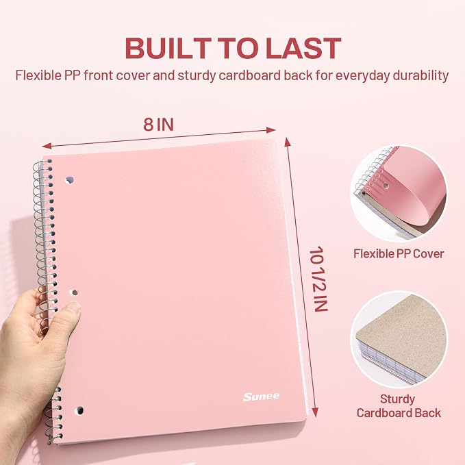 SUNEE Spiral Notebook, 1-Subject, Graph Ruled Paper, 8" x 10-1/2", 100 Sheets per Notebook, 3-Hole Punched Paper, Water Resistant Cover, Spiral Grid Notebooks for Work, Home, School, Writing, Pink