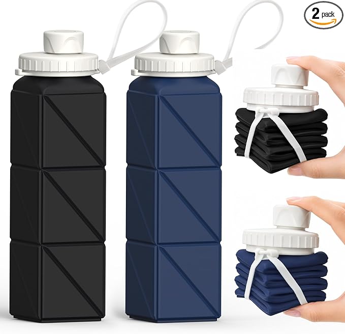 BEAUTAIL Collapsible Water Bottles 21oz/610mL, Silicone Travel Water Bottle | BPA Free, Leakproof & Reusable, Foldable Water Bottle for Traveling, Hiking, School, Sports, Outdoor, 2-Pack, Black+DarkBlue