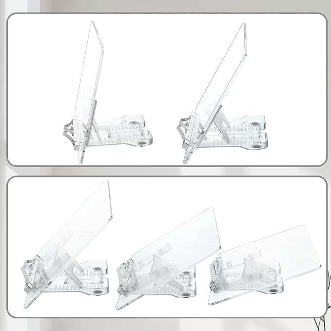 Adjustable Acrylic Book Stand for Reading, 13.3 x 9.4 Inch Multi-Angle Book Display Stand Transparent Foldable Books Holder with Page Clip for Books, Magazines, Cookbook, Document, Recipe