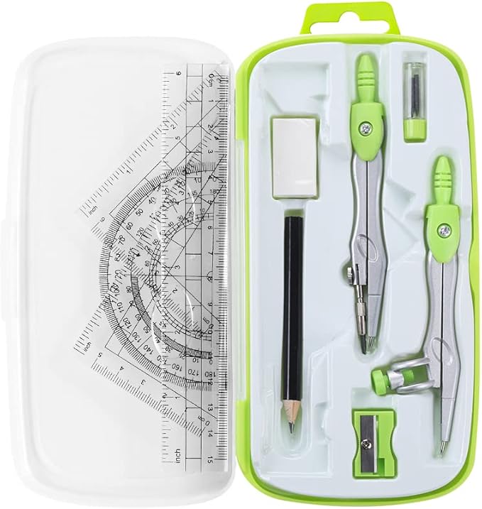 Unjoo Math Geometry Kit Sets 10 Piece Student Supplies with Shatterproof Storage Box,Includes Rulers,Protractor,Compass,Eraser,Pencil Sharpener,Lead Refills,Pencil,for Drafting and Drawings（Green）