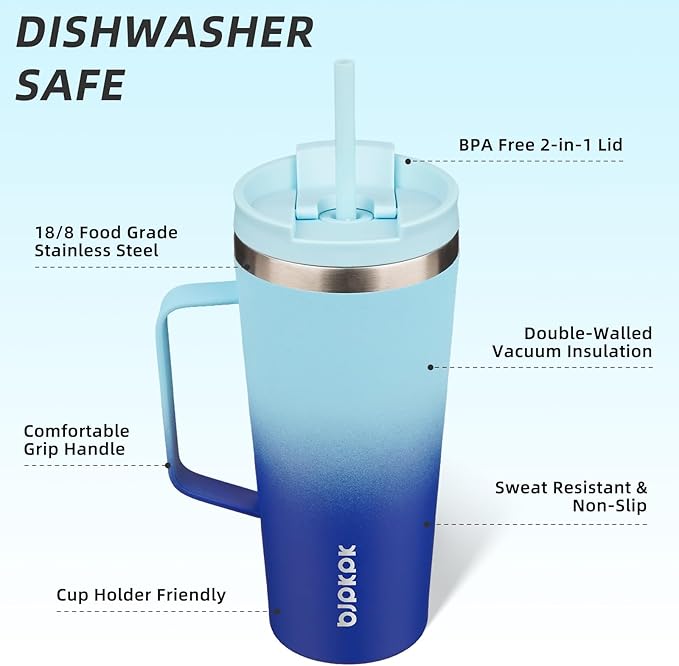 BJPKPK Insulated Tumbler with Handle, 22oz Insulated Tumblers with Lid and Straw, Stainless Steel Metal Water Bottles, Coffee Travel Mugs, Cups, Sky
