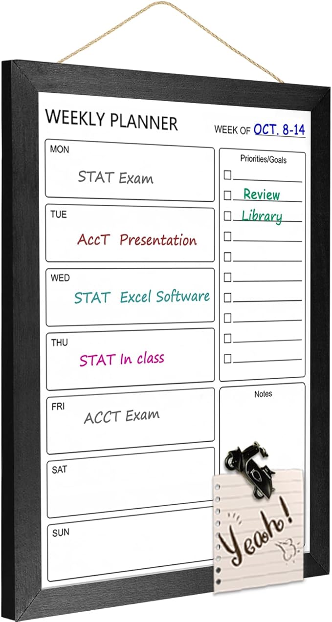Dry Erase White Board Weekly Calendar Board, Magnetic Whiteboard for Wall, 10.6“x14.7” Solid Wood Black Framed Message Board, Planner Board for Office, Home, School(Weekly-BB-BK-2737)