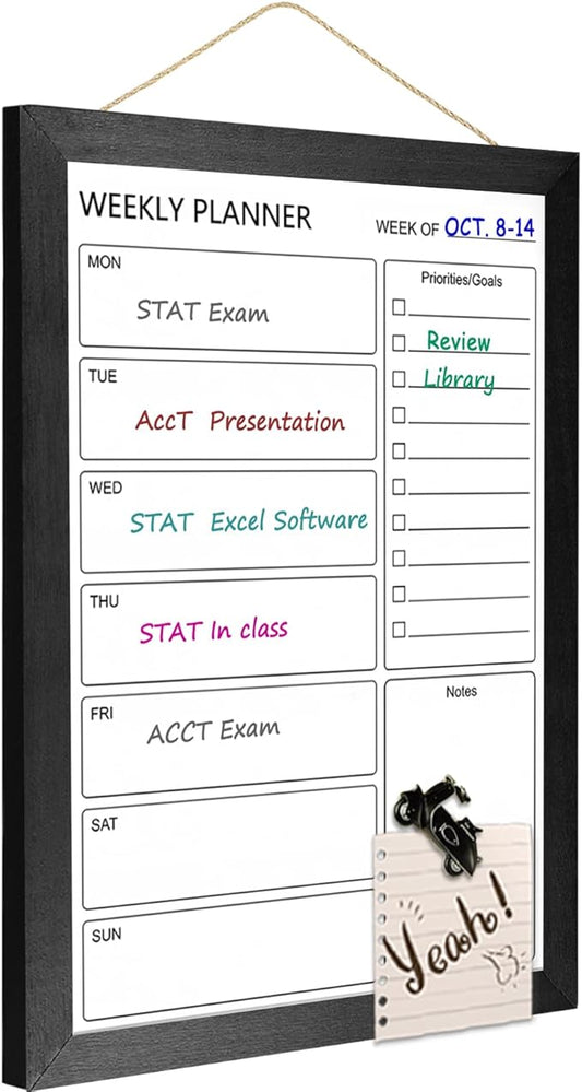 Dry Erase White Board Weekly Calendar Board, Magnetic Whiteboard for Wall, 10.6“x14.7” Solid Wood Black Framed Message Board, Planner Board for Office, Home, School(Weekly-BB-BK-2737)