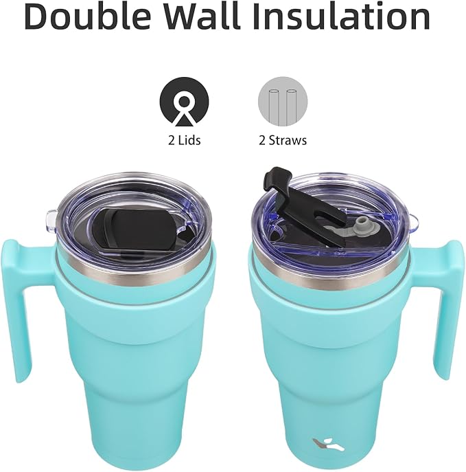 Konokyo 40 oz Tumbler with Handle and 2 Straw 2 Lid, Insulated Water Bottle Stainless Steel Vacuum Cup Reusable Travel Mug,Turquoise