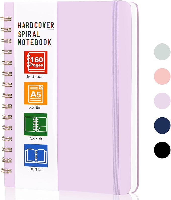 LABUK Spiral Notebook, 160 Pages A5 Lined Hardcover Notebook, 5.5 x 8in Spiral Journal for Women and Man, Work, Writing